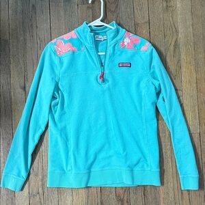 Vineyard Vines Turquoise and Pink Quarter-Zip Sweater